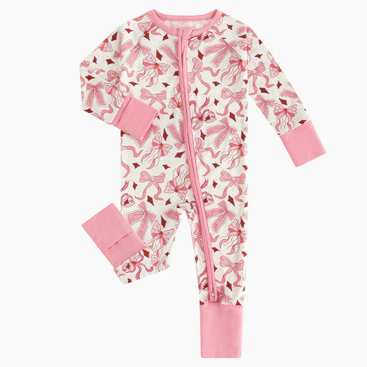 Light Pink Bows Bamboo Sleeper Onesies