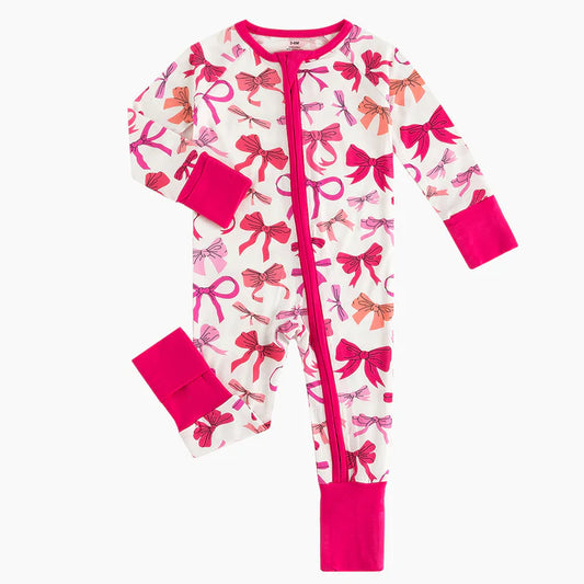 Bright Pink Bows Bamboo Sleeper Onesies